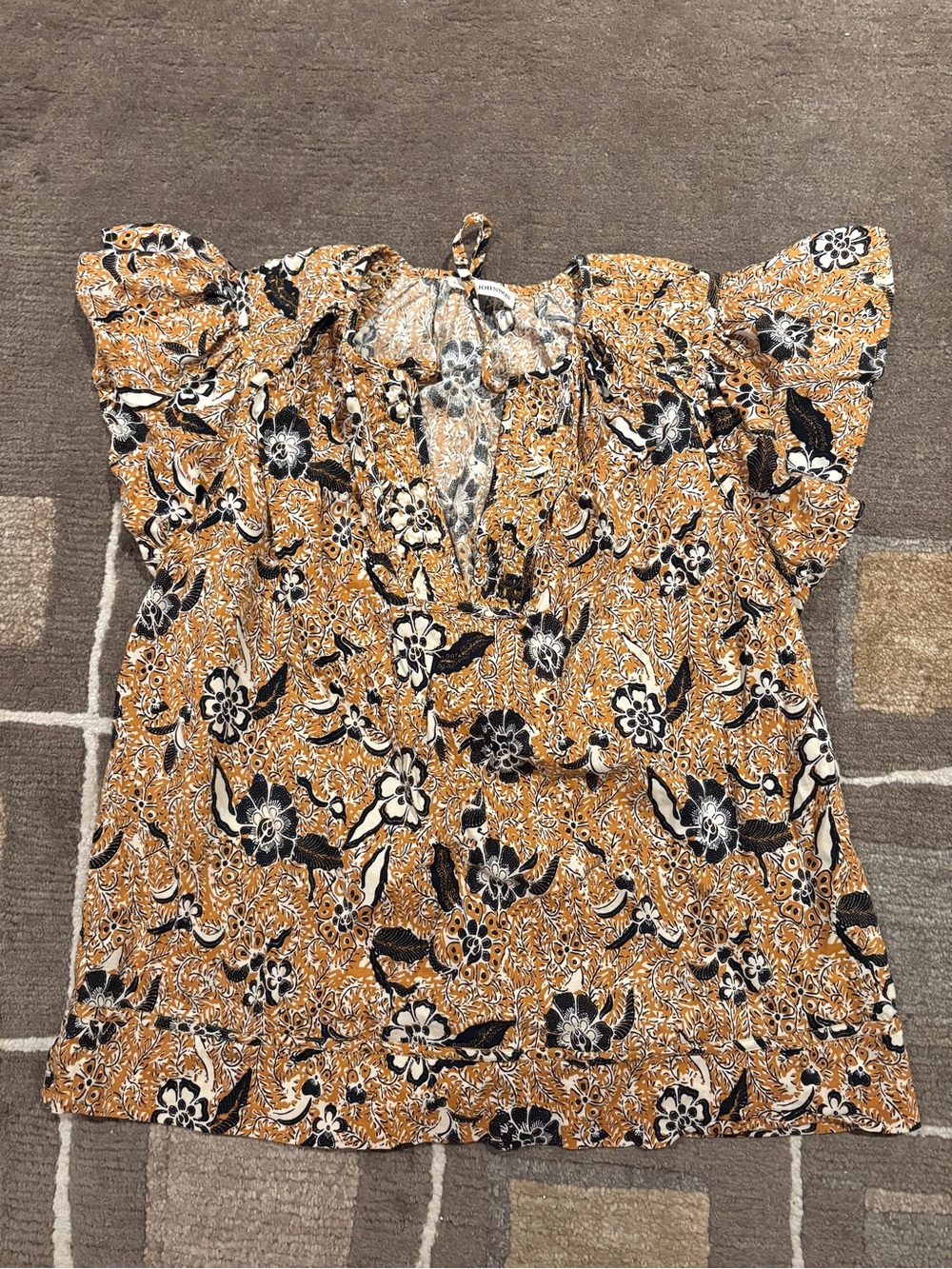 Ulla Johnson Mustard Floral Flutter-Sleeve V-Neck Top